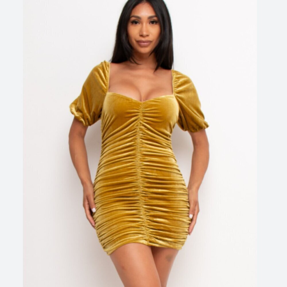 Blue Blush Apricot Lane NWT gold ruched velvet puff sleeve mini dress size L